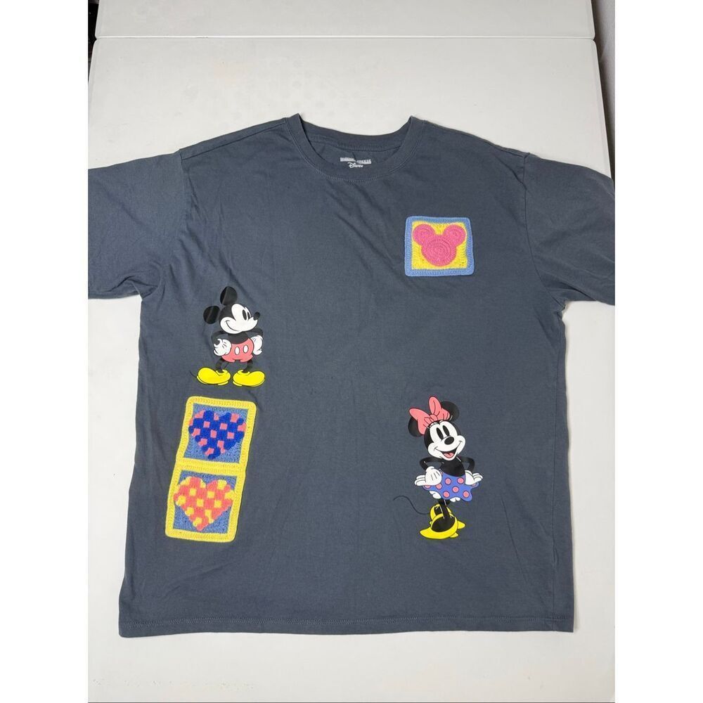 Rare Disney Mickey & Minnie Mouse Graphic Tee XL Crochet Heart Patchwork Notes